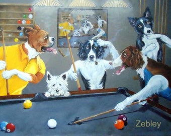 Custom Dogs Playing Pool Oil Painting, Painting from Photos of your dogs, Large 18" x 24" on Canvas