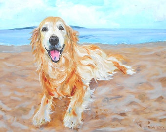 Golden Retriever Portrait, Genuine Traditional Oil Painting on Canvas