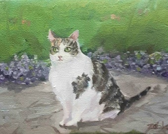 Oil Painting of Cat in Garden, 5" x 7" with Easel Painted by Robin Zebley