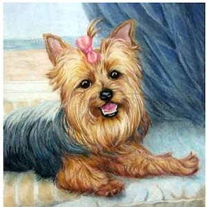 May include: A brown and tan Yorkshire Terrier dog with a pink bow in its hair is lying on a striped couch. The dog is looking at the camera and has a happy expression on its face.
