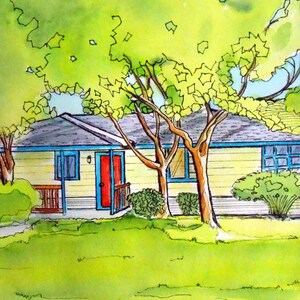 Pets and House 11 x 14 Custom Portrait Line and Watercolor Painting image 4