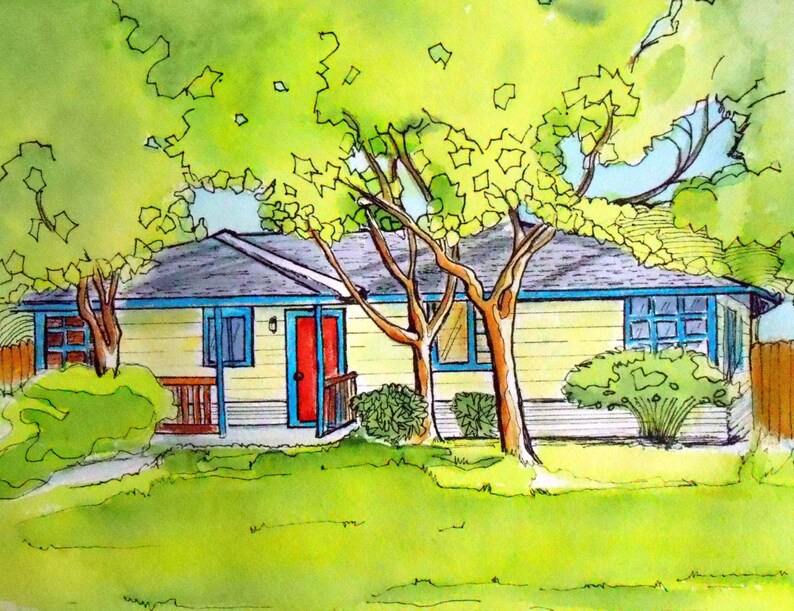 Pets and House 11 x 14 Custom Portrait Line and Watercolor Painting image 4