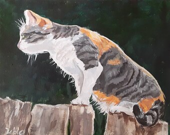 Original Oil Painting, Calico Cat on Garden Fence, Artist Robin Zebley 8" x 10" Earth Tones Gallery Wall Decor Nature Art Action Patchwork