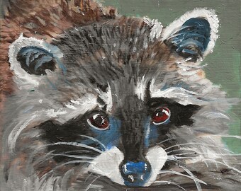 Raccoon Oil Painting Original by Robin Zebley Mini 4 x 4 with Easel