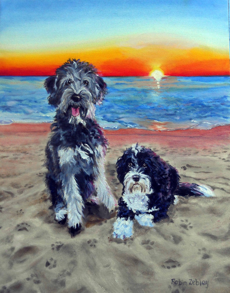 K&ouml;nnte beinhalten: &Ouml;lgem&auml;lde mit zwei Hunden am Strand bei Sonnenuntergang. Einer ist grau und schwarz, der andere schwarz und wei&szlig;. Der Himmel wechselt von Blau zu Orange und Rot.