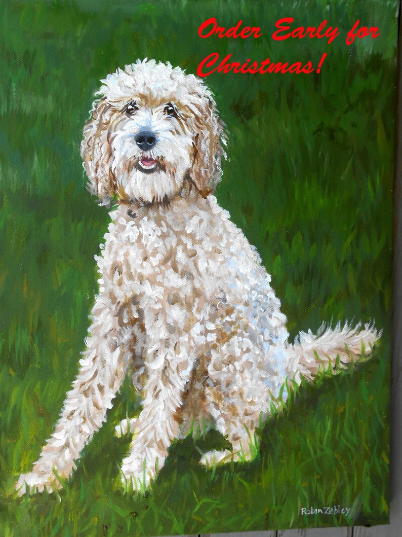 May include: A painting of a white fluffy dog sitting in green grass. The text "Order Early for Christmas!" is written in red at the top of the painting.