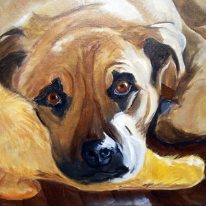 May include: A painting of a brown and white dog with sad eyes, lying down with its head resting on a yellow object. The dog's fur is painted with a textured brushstroke.