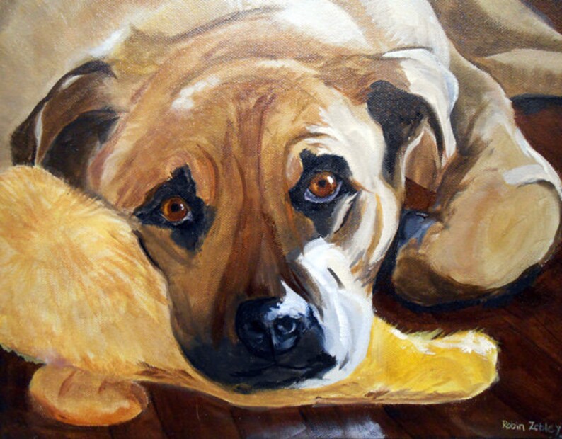 May include: A painting of a brown and white dog with sad eyes, lying down with its head resting on a yellow object. The dog's fur is painted with a textured brushstroke.