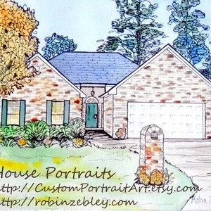 Pets and House 11 x 14 Custom Portrait Line and Watercolor Painting image 6