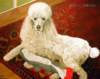 Poodle Oil Painting Portrait, White Standard, teacup, miniature, toy, any breed or color, personalized from photo by Painter Robin Zebley