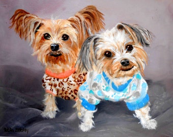 Dogs in Pajamas Pet Painting, 16" x 20", Custom Dog Portrait, Oil Painting on Canvas