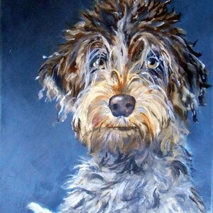 May include: A painting of a brown and white dog with a fluffy coat. The dog is looking directly at the viewer with a serious expression. The background is a solid blue color.