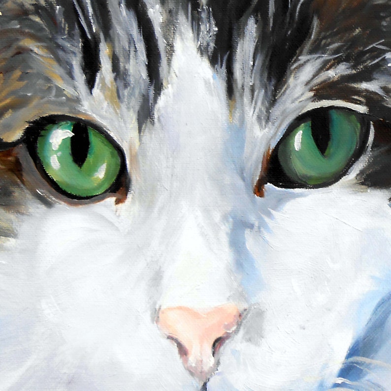 K&ouml;nnte beinhalten: Nahaufnahme eines Katzenkopfes mit gr&uuml;nen Augen und einer wei&szlig;en Nase. Die Katze hat schwarz-wei&szlig;es Fell.