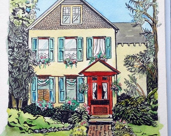 Watercolor and Ink Custom House Portrait Painting, 16"  x 20", Cheerful and Bright
