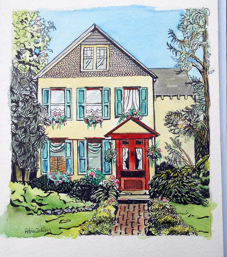 Pets and House 11 x 14 Custom Portrait Line and Watercolor Painting image 2