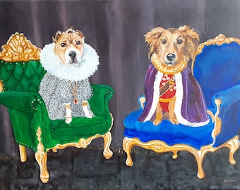 Royal Dogs in Costume, 24" x 36",Custom Oil Extra Large Painting Portrait From Your Photos Painted by Artist Robin Zebley