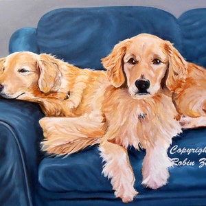 K&ouml;nnte beinhalten: Zwei Golden Retriever entspannen sich auf einem blauen Sofa. Der Hund im Vordergrund schaut direkt auf den Betrachter, w&auml;hrend der Hund im Hintergrund seinen Kopf auf der Armlehne ruht. Das Sofa ist tiefblau und hat einen strukturierten Stoff.