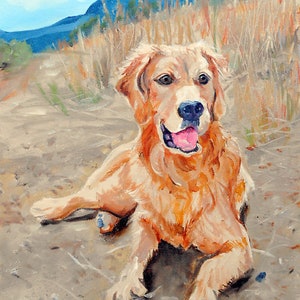 K&ouml;nnte beinhalten: Ein Gem&auml;lde eines Golden Retriever Hundes, der auf einem Feldweg liegt. Der Hund hat einen gl&uuml;cklichen Gesichtsausdruck und seine Zunge h&auml;ngt heraus. Der Hintergrund ist eine verschwommene Landschaft mit blauem Himmel und gr&uuml;nem Gras.