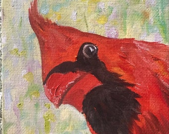 Oil Painting Original, Cardinal Face, Cute and Funny, by Robin Zebley Mini 4 x 4 with Easel