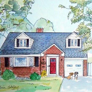Pets and House 11 x 14 Custom Portrait Line and Watercolor Painting image 1