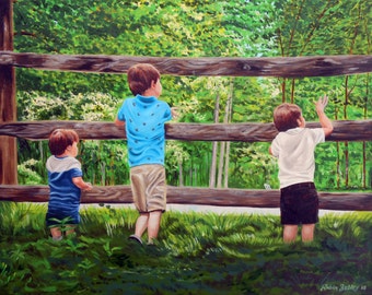 Children Portrait Custom Oil Painting with Landscape, Genuine Hand Painted