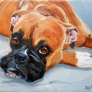 May include: A painting of a brown and white Boxer dog lying on its side with its head resting on its paws. The dog has a black nose and brown eyes. The painting is done in a realistic style.