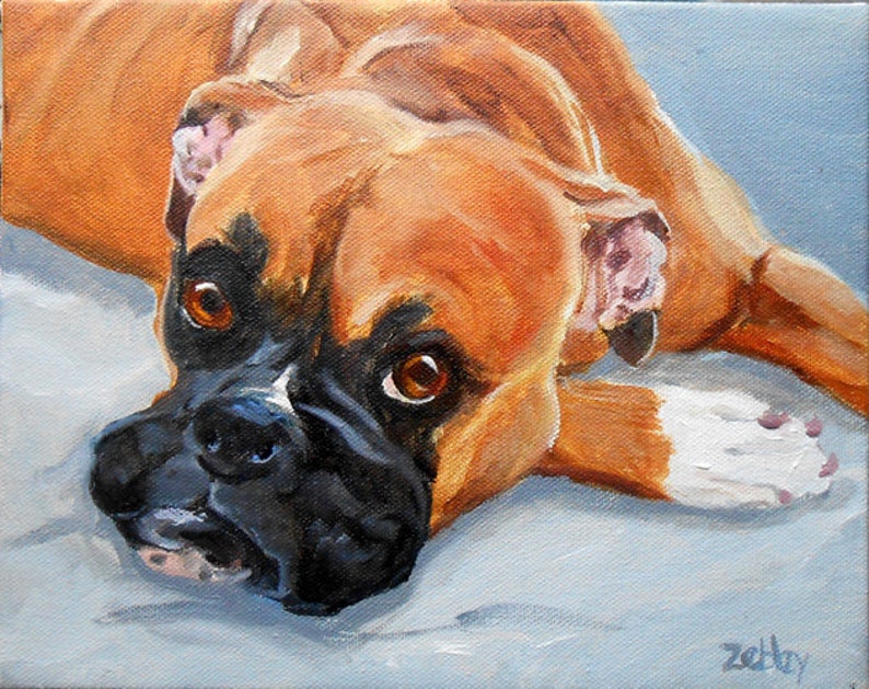 May include: A painting of a brown and white Boxer dog lying on its side with its head resting on its paws. The dog has a black nose and brown eyes. The painting is done in a realistic style.