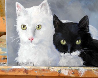 Black and White CAT oil painting pet portrait, entirely hand painted original
