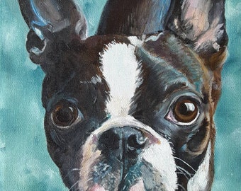 Custom Boston Terrier Oil Painting Portrait - Hand Painted Old School Commission