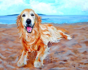 Golden Retriever Pet Portrait, Oil Painting with Background, Genuine Hand Painted