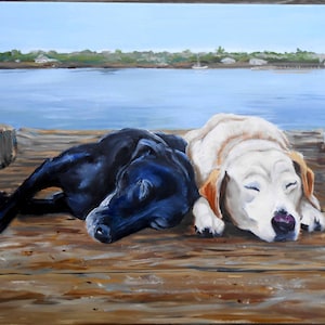 Black Lab Art, Yellow Lab Oil Painting Portrait on Canvas - Custom Dog Portrait - by pet artist Robin Zebley, Labrador Retriever Art