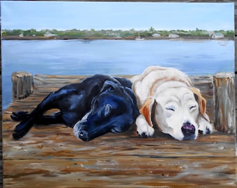 Black Lab Art, Yellow Lab Oil Painting Portrait on Canvas - Custom Dog Portrait - by pet artist Robin Zebley, Labrador Retriever Art