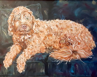 Goldendoodle Oil Painting Portrait from Photos, Light Hazel Eyes, Hand Painted by Artist Robin Zebley, 24" x 36" Ready to Frame