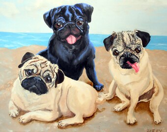 Pugs Portrait, Family of Dogs Genuine Hand Painted Oil Painting by Robin Zebley