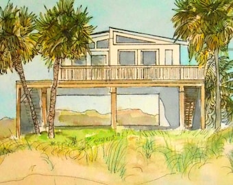 Watercolor House Portrait, Beach House Art, Shore House Painting, Custom Oil Painting Home painted  by Artist Robin Zebley