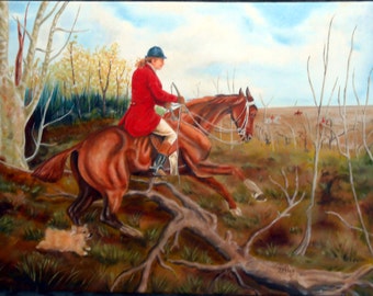 Art  Fox and Hound Extra Large Oil Painting, Custom Portrait, Horse and Owner with Dog