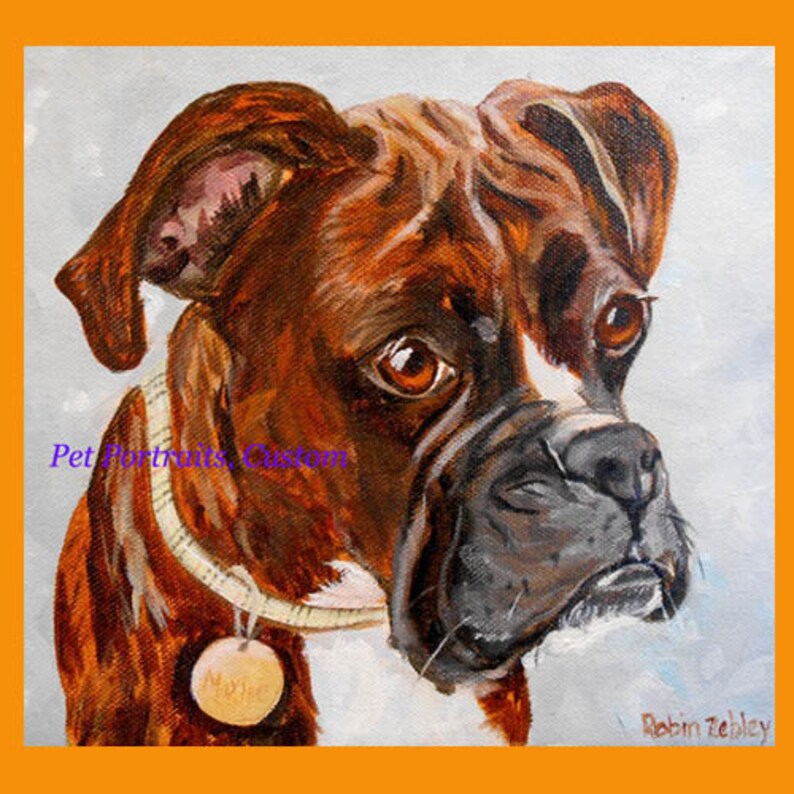 May include: Painting of a brown and white Boxer dog with a brown leather collar and a metal tag. The dog is looking to the left of the image. The background is a light blue.
