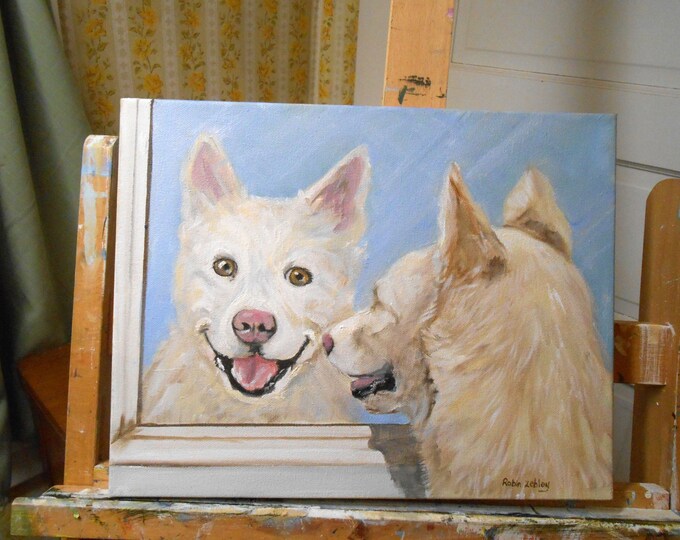 Custom Pet Portrait Oil Painting, Dog Looking in Mirror or any pose