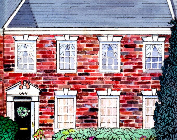 House Portrait Watercolor and Ink, Brick Townhouse Art Robin Zebley