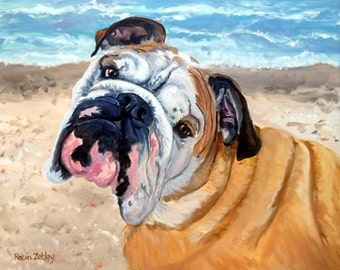 English Bulldog Fine Arts Custom Pet Portrait Painting, Hand Painted Oils on Canvas with Background