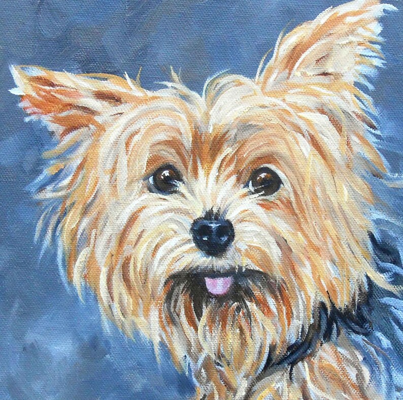 May include: A close-up portrait of a Yorkshire Terrier with a light brown and gold coat. The dog has a black nose and is looking directly at the viewer with its tongue sticking out. The dog's fur is painted in a realistic style.