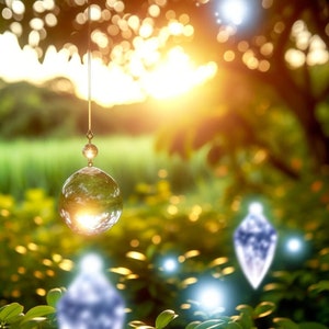 May include: A crystal ball hanging from a tree branch with a blurred background of green foliage and sunlight. The crystal ball reflects the surrounding environment, creating a magical and ethereal atmosphere.