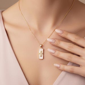 Engraved Initial Tag Necklace: 18k Gold Vertical Bar Pendant