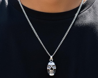 Silver Skull Necklace: Gothic Skeleton Pendant, Punk Jewelry