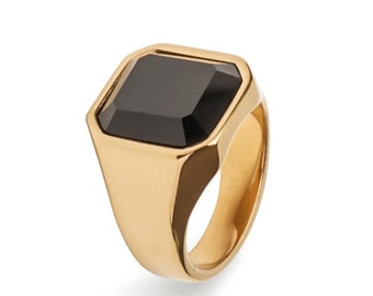Bold Black Onyx Signet Ring for Men, 18k Gold-Plated Statement Ring, Natural Stone Square Ring, Dainty Gemstone Natural Jewellery Gift