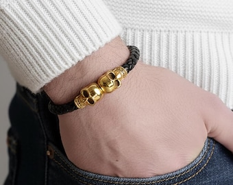 Vergoldetes Schädel geflochtenes Lederarmband - Gothic Biker Stil
