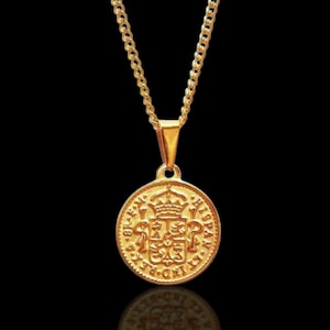 Vintage Gold Spanish Coin Necklace, Rare 8 Reales Replica Pendant Necklace, 18k Gold-Plated Necklace, Stainless Steel with Cz Accent