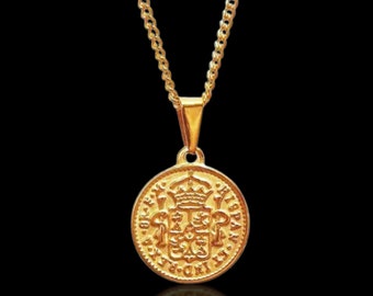 Vintage Gold Spanish Coin Necklace, Rare 8 Reales Replica Pendant Necklace, 18k Gold-Plated Necklace, Stainless Steel with Cz Accent
