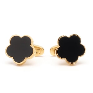 Onyx Leaf Clover Cufflinks| Vintage Flower Shaped Initial Men’s Formal Suit Shirt Cuff links| Groom & Groomsmen Cuff Links