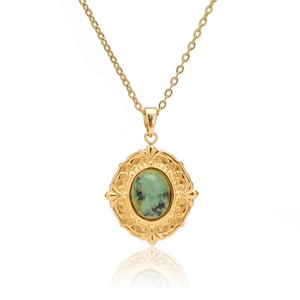 Yellow Gold Turquoise Necklace, Blue Natural Turquoise Stone Oval Sterling Silver Charm Pendant, Genuine Gemstone Round Chain
